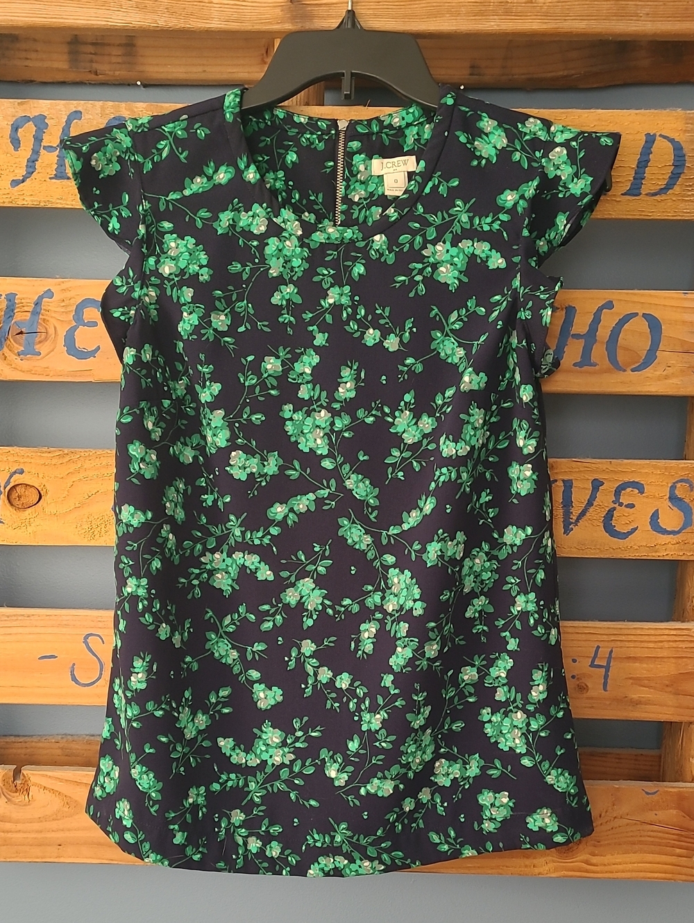 J. Crew Navy Top with Green Floral Print and Cap Sleeves